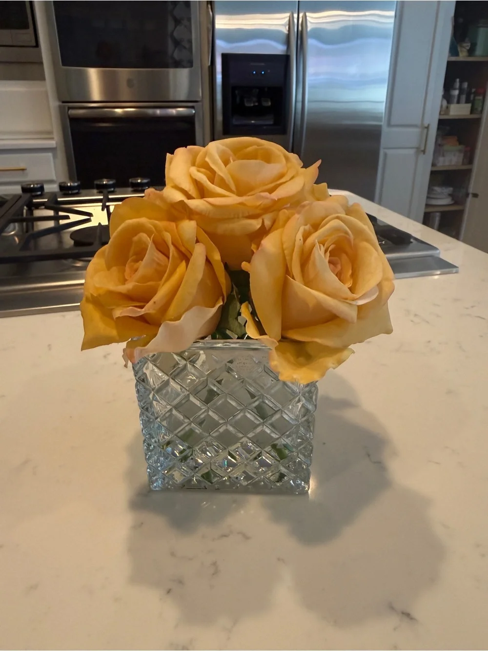 Ella Lux Real Touch Yellow Rose Floral Arrangement Glass Cube Vase Faux Flowers